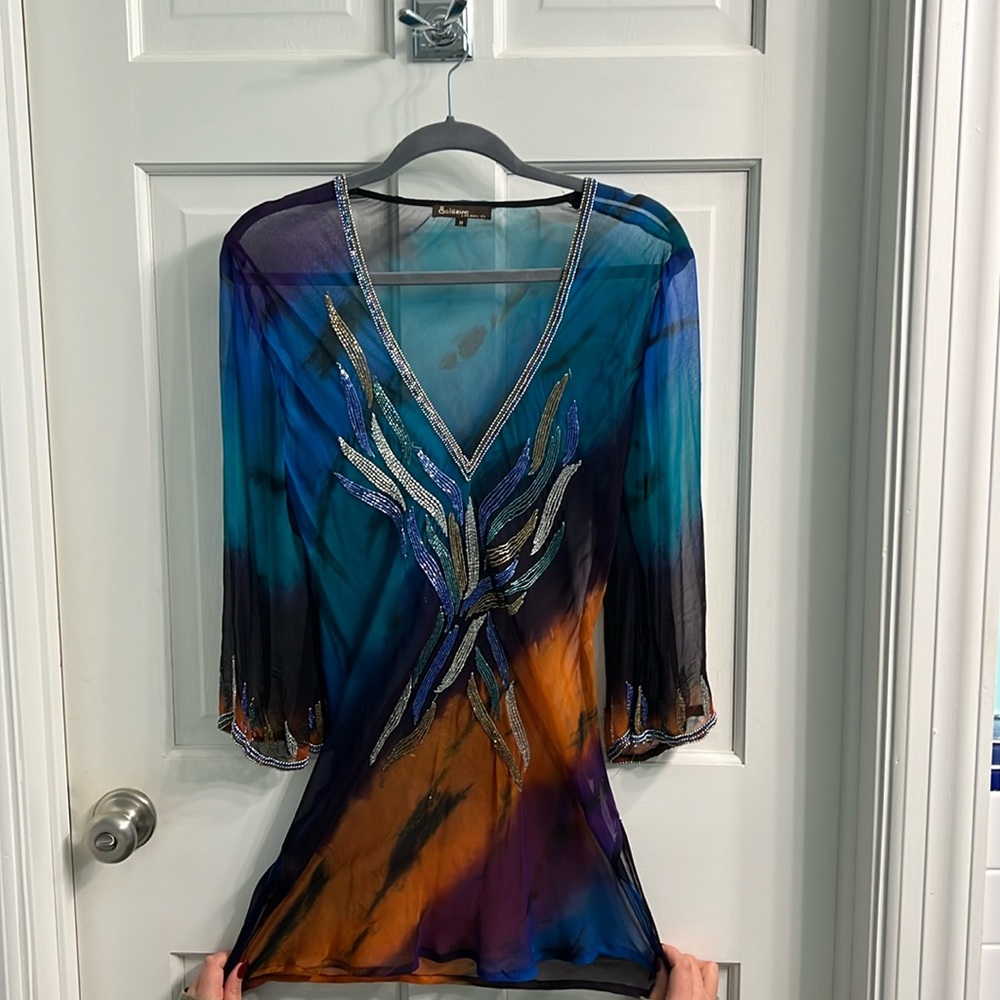 Multicolor sequence long sleeve flowing top